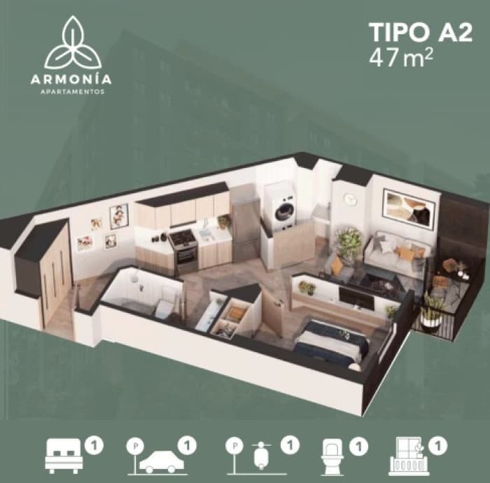 Apartamento de 1 habitación en Venta Zona 12 TIPO A-2 - foto 2